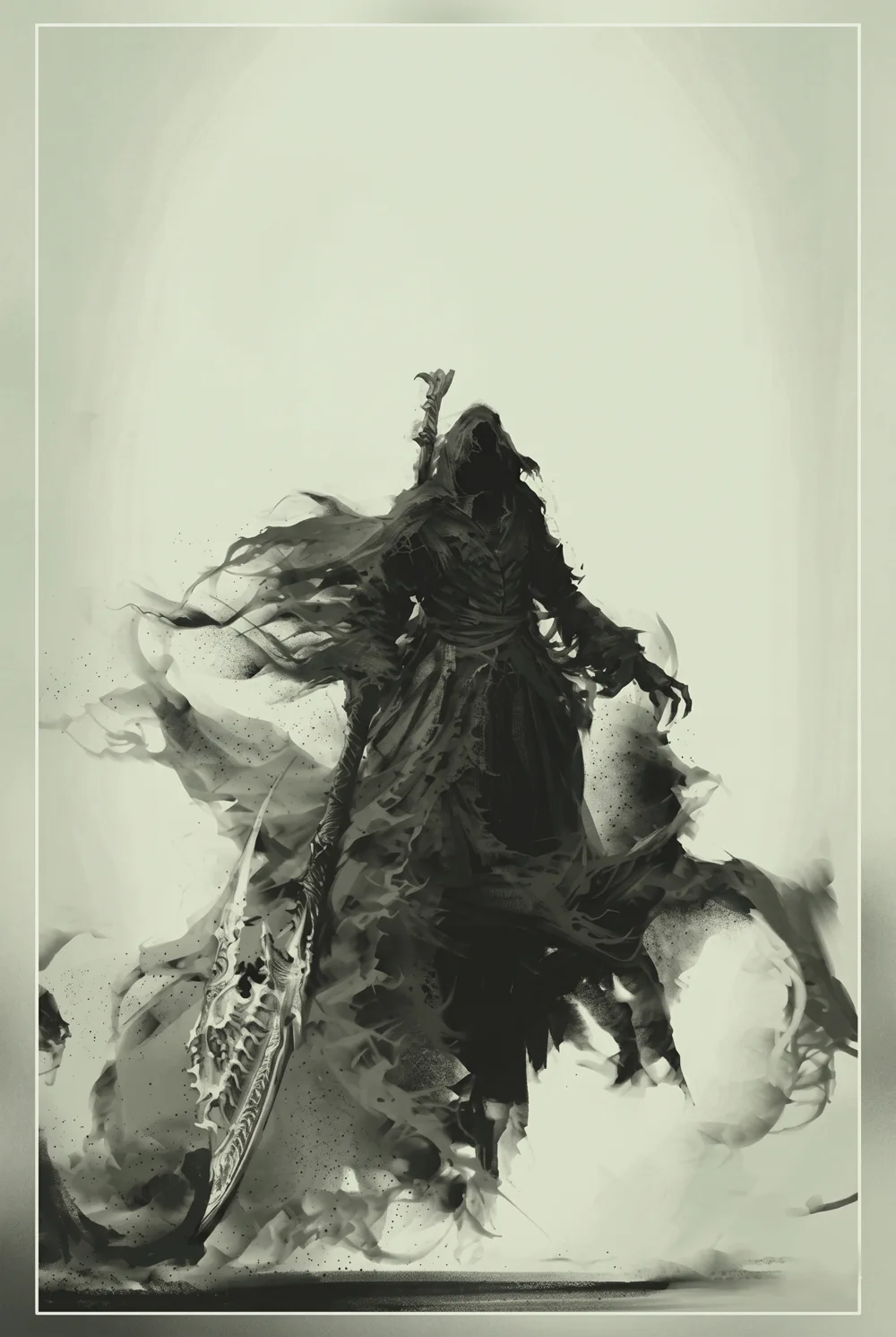 A hooded reaper surrounded by charcoal smoke on a pale sage background